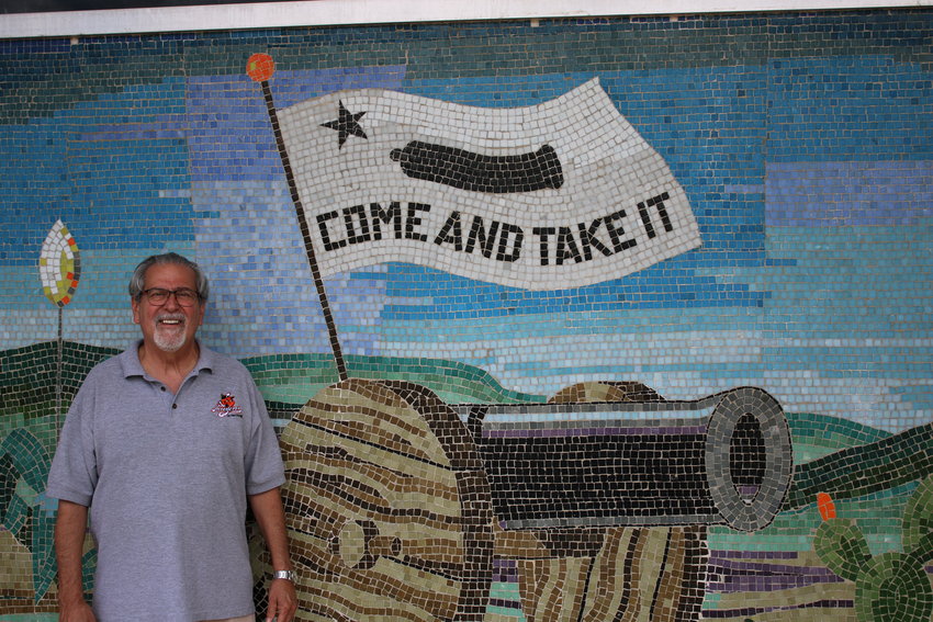 George del Castillo Jones, who stands beside the Come and Take It mosaic at Gonzales City Hall, has ties to that fateful day in Gonzales history as it was his great-great-great-great grandmother, Sarah Seeley DeWitt, who made that famous banner. Jones visited Gonzales for the first time in April as he learned more about his famous Texas ancestors.